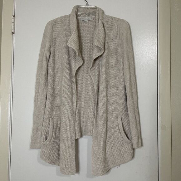 Barefoot dreams cozy chic ivory beige waffle knit drape front cardigan sweater - Picture 1 of 5